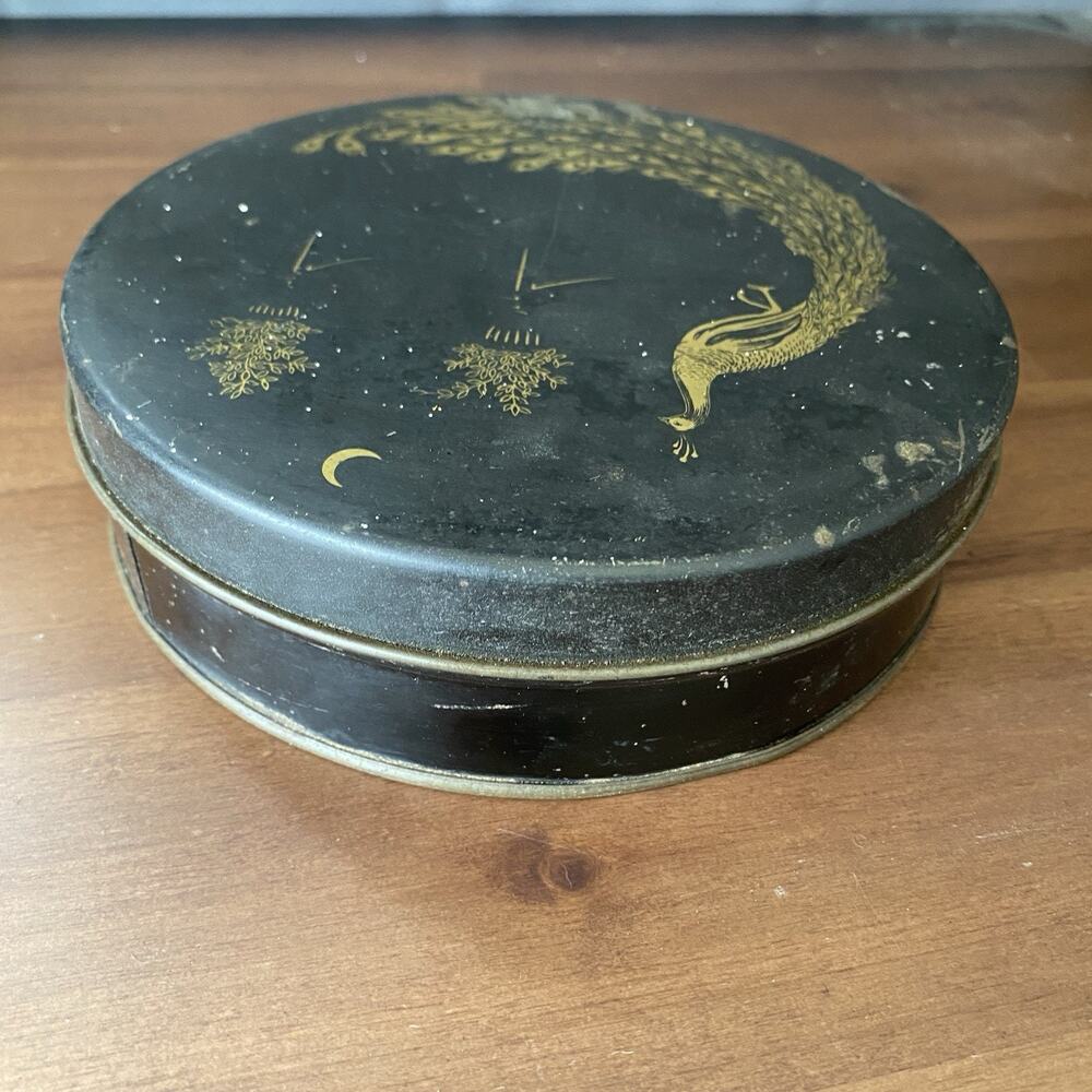 Vintage 1920-30s Round Tindeco Metal Tin Gold Peacock on Black 6” - Picture 4 of 14